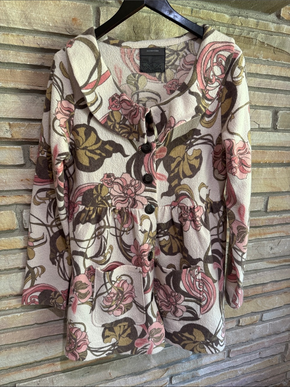 Anthropologie Cream Floral Button-Front Cardigan with Pink & Olive Accents